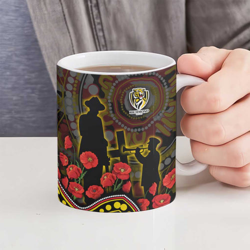 Richmond Tigers ANZAC Day Ceramic Mug Indigenous Dot Art with Poppy Flower Tribute