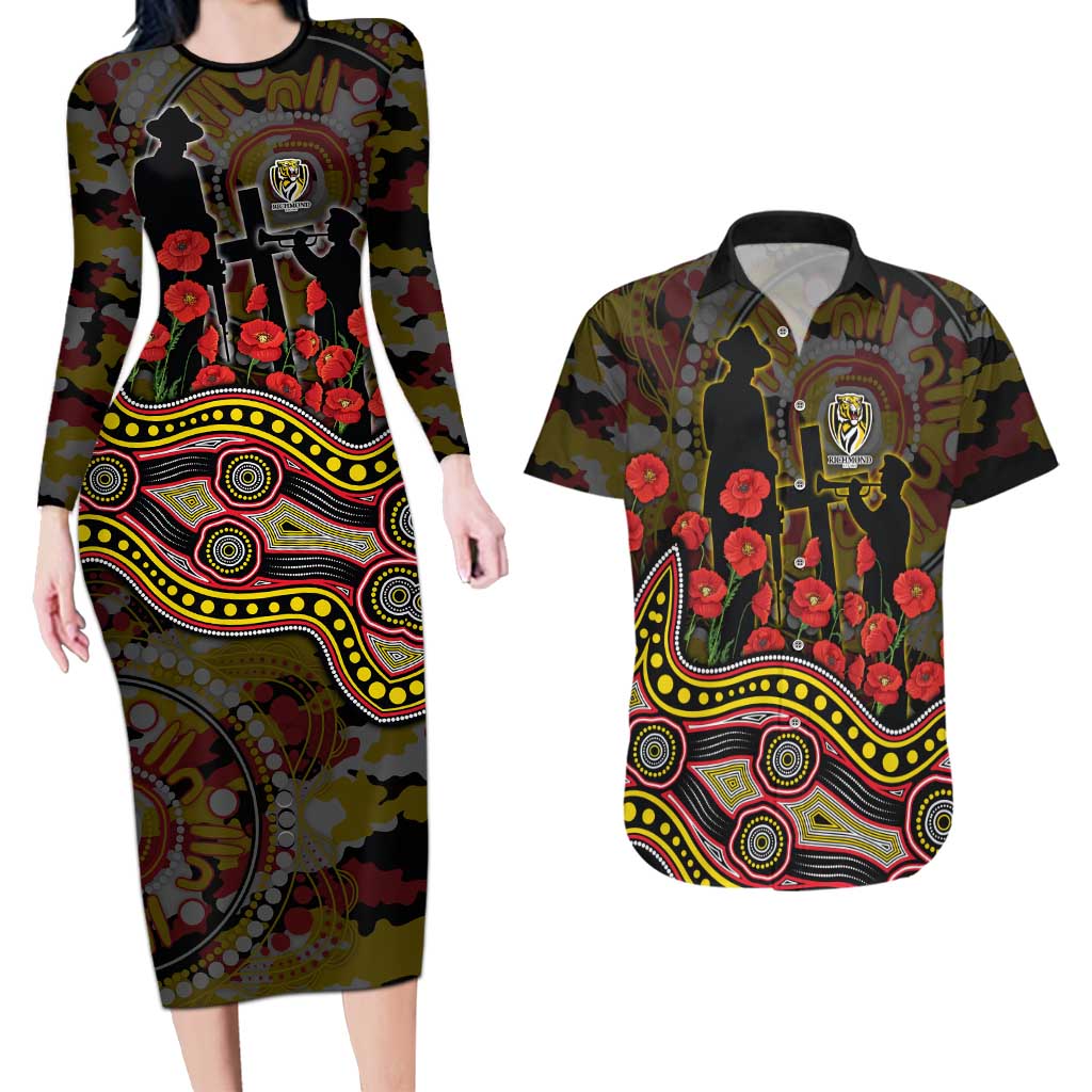 Richmond Tigers ANZAC Day Couples Matching Long Sleeve Bodycon Dress and Hawaiian Shirt Indigenous Dot Art with Poppy Flower Tribute