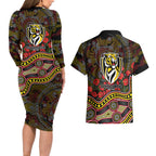 Richmond Tigers ANZAC Day Couples Matching Long Sleeve Bodycon Dress and Hawaiian Shirt Indigenous Dot Art with Poppy Flower Tribute
