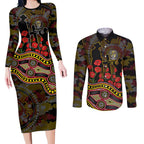 Richmond Tigers ANZAC Day Couples Matching Long Sleeve Bodycon Dress and Long Sleeve Button Shirt Indigenous Dot Art with Poppy Flower Tribute