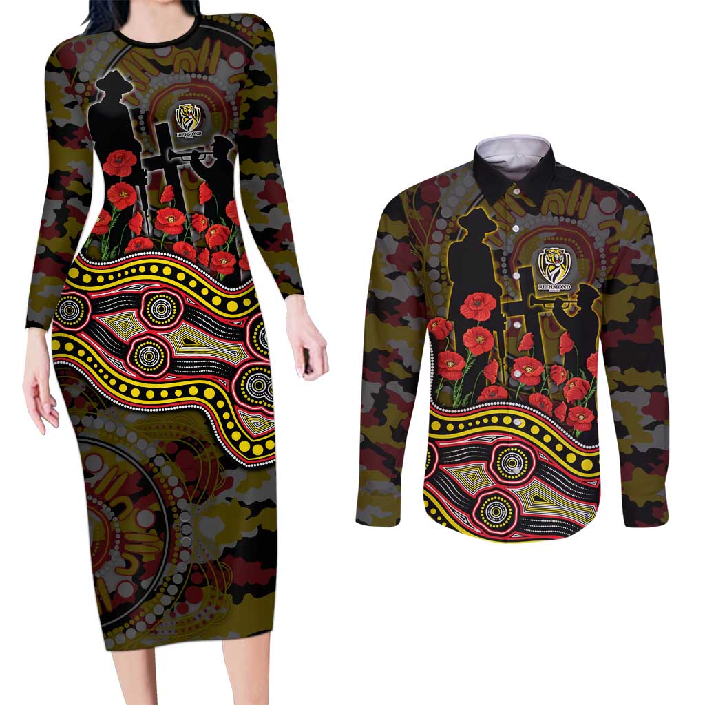 Richmond Tigers ANZAC Day Couples Matching Long Sleeve Bodycon Dress and Long Sleeve Button Shirt Indigenous Dot Art with Poppy Flower Tribute