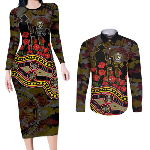 Richmond Tigers ANZAC Day Couples Matching Long Sleeve Bodycon Dress and Long Sleeve Button Shirt Indigenous Dot Art with Poppy Flower Tribute