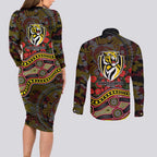 Richmond Tigers ANZAC Day Couples Matching Long Sleeve Bodycon Dress and Long Sleeve Button Shirt Indigenous Dot Art with Poppy Flower Tribute