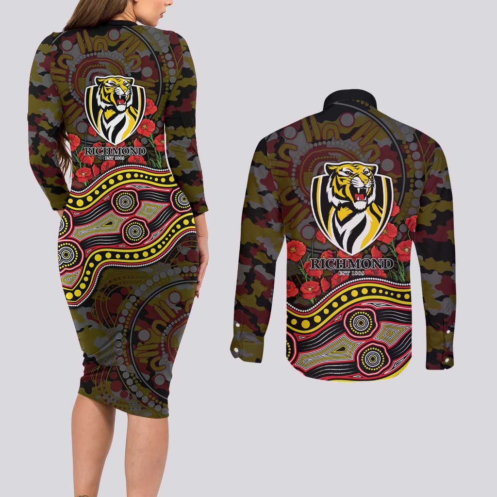 Richmond Tigers ANZAC Day Couples Matching Long Sleeve Bodycon Dress and Long Sleeve Button Shirt Indigenous Dot Art with Poppy Flower Tribute