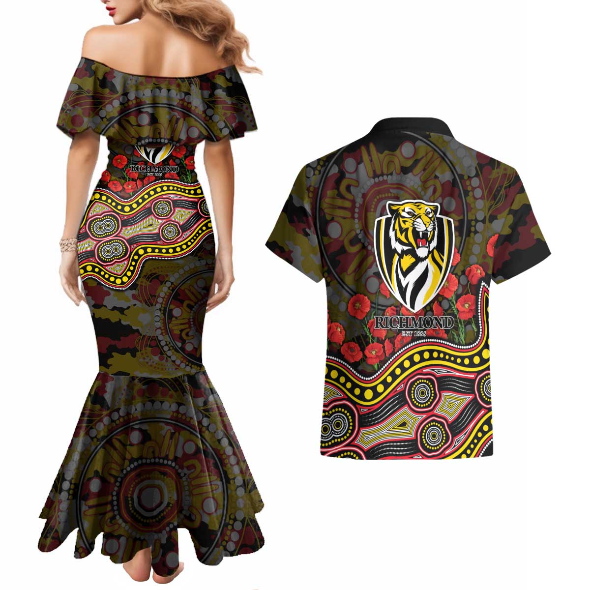 Richmond Tigers ANZAC Day Couples Matching Mermaid Dress and Hawaiian Shirt Indigenous Dot Art with Poppy Flower Tribute