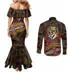 Richmond Tigers ANZAC Day Couples Matching Mermaid Dress and Long Sleeve Button Shirt Indigenous Dot Art with Poppy Flower Tribute