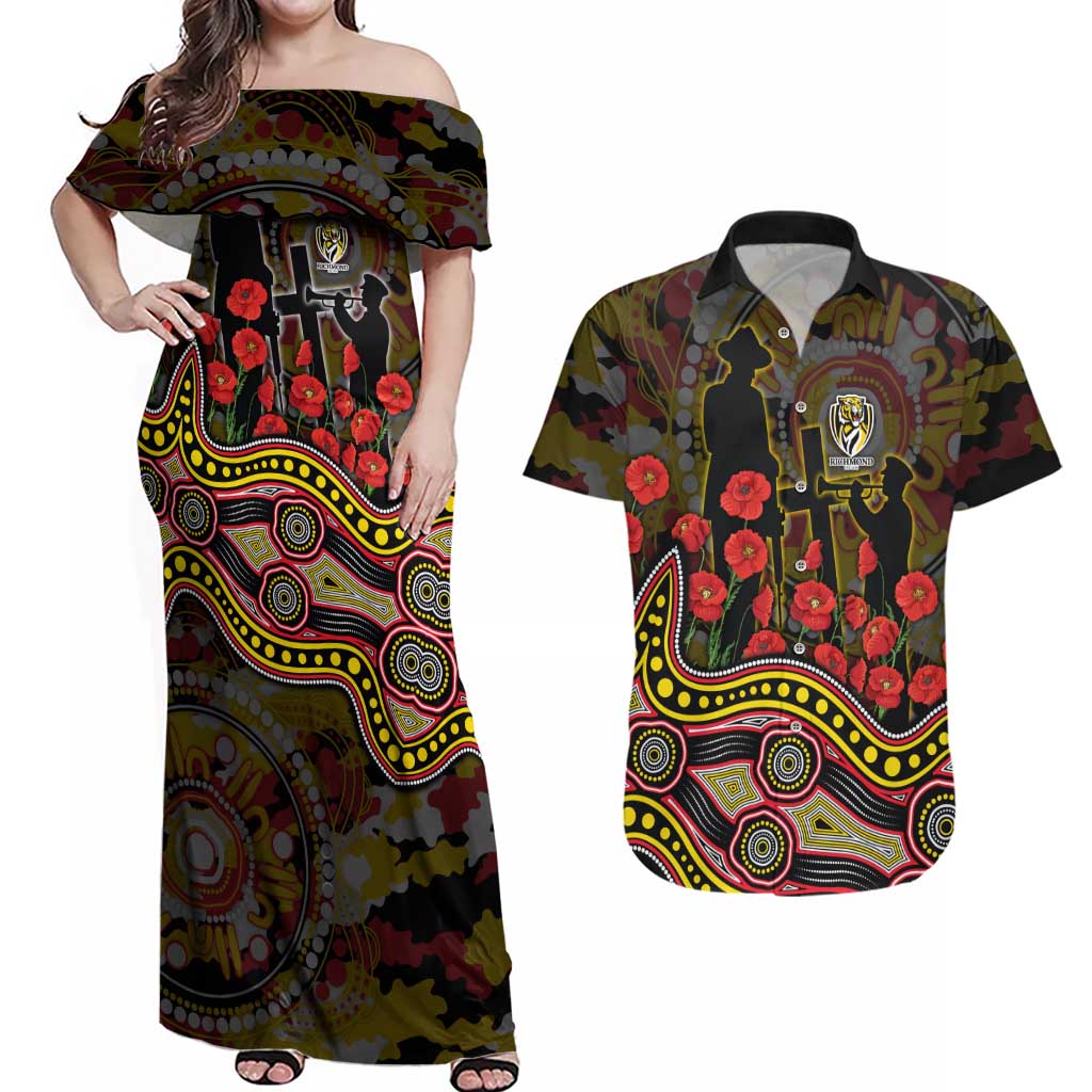 Richmond Tigers ANZAC Day Couples Matching Off Shoulder Maxi Dress and Hawaiian Shirt Indigenous Dot Art with Poppy Flower Tribute