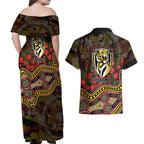 Richmond Tigers ANZAC Day Couples Matching Off Shoulder Maxi Dress and Hawaiian Shirt Indigenous Dot Art with Poppy Flower Tribute