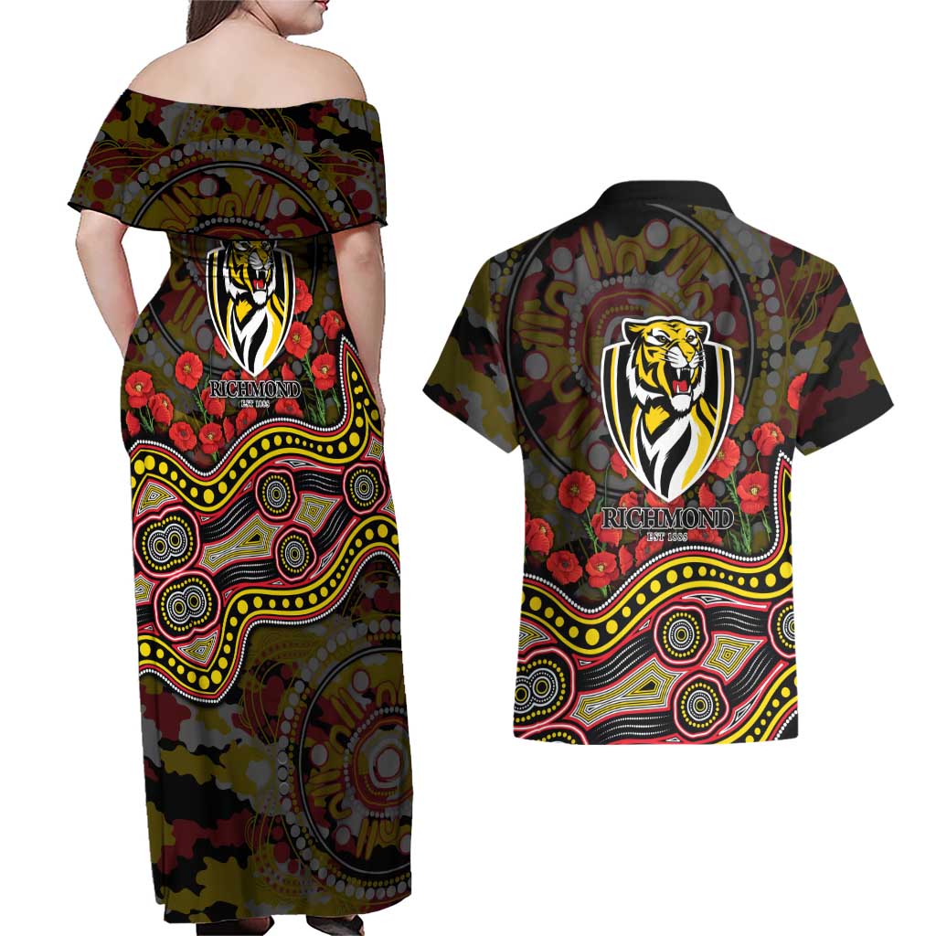 Richmond Tigers ANZAC Day Couples Matching Off Shoulder Maxi Dress and Hawaiian Shirt Indigenous Dot Art with Poppy Flower Tribute