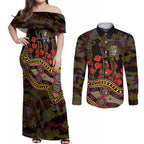 Richmond Tigers ANZAC Day Couples Matching Off Shoulder Maxi Dress and Long Sleeve Button Shirt Indigenous Dot Art with Poppy Flower Tribute