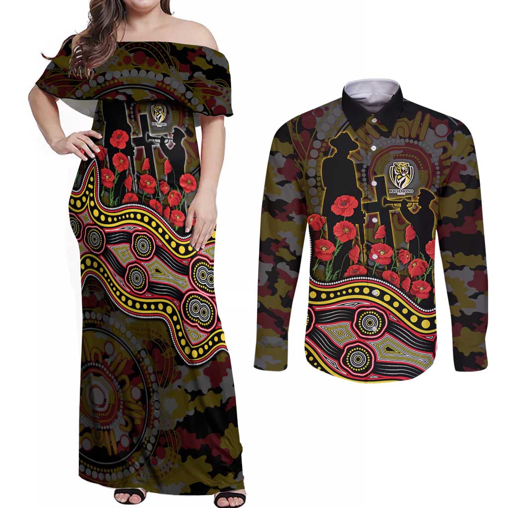 Richmond Tigers ANZAC Day Couples Matching Off Shoulder Maxi Dress and Long Sleeve Button Shirt Indigenous Dot Art with Poppy Flower Tribute