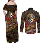 Richmond Tigers ANZAC Day Couples Matching Off Shoulder Maxi Dress and Long Sleeve Button Shirt Indigenous Dot Art with Poppy Flower Tribute