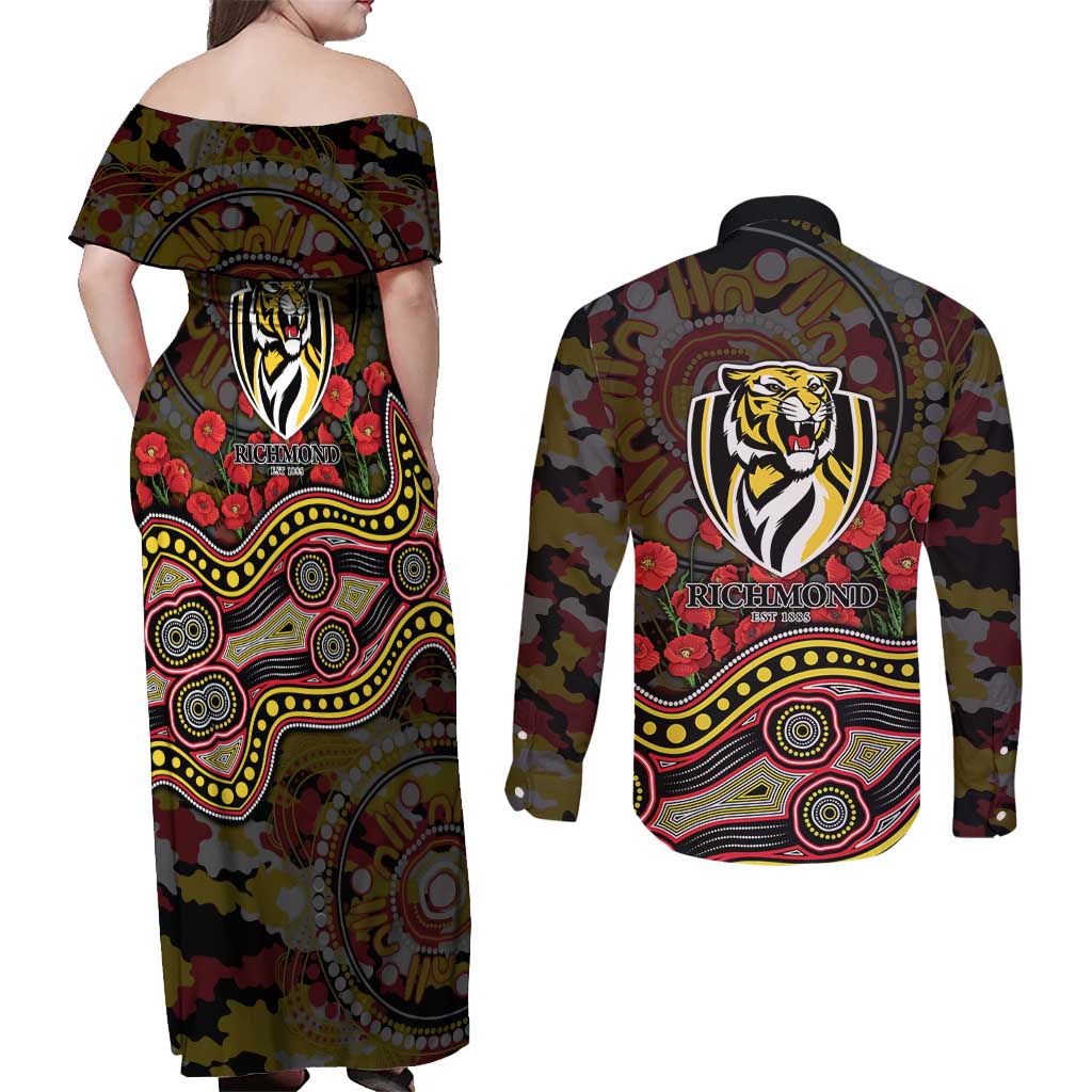 Richmond Tigers ANZAC Day Couples Matching Off Shoulder Maxi Dress and Long Sleeve Button Shirt Indigenous Dot Art with Poppy Flower Tribute