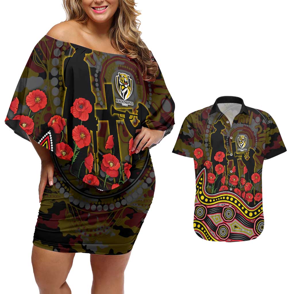 Richmond Tigers ANZAC Day Couples Matching Off Shoulder Short Dress and Hawaiian Shirt Indigenous Dot Art with Poppy Flower Tribute