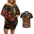 Richmond Tigers ANZAC Day Couples Matching Off Shoulder Short Dress and Hawaiian Shirt Indigenous Dot Art with Poppy Flower Tribute