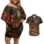 Richmond Tigers ANZAC Day Couples Matching Off Shoulder Short Dress and Hawaiian Shirt Indigenous Dot Art with Poppy Flower Tribute