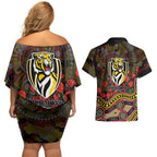 Richmond Tigers ANZAC Day Couples Matching Off Shoulder Short Dress and Hawaiian Shirt Indigenous Dot Art with Poppy Flower Tribute