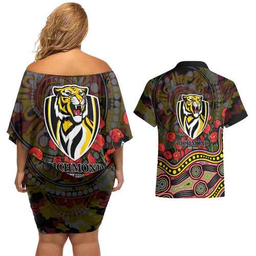 Richmond Tigers ANZAC Day Couples Matching Off Shoulder Short Dress and Hawaiian Shirt Indigenous Dot Art with Poppy Flower Tribute