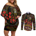 Richmond Tigers ANZAC Day Couples Matching Off Shoulder Short Dress and Long Sleeve Button Shirt Indigenous Dot Art with Poppy Flower Tribute