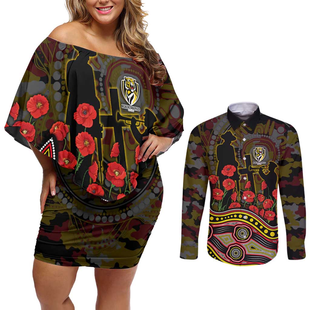 Richmond Tigers ANZAC Day Couples Matching Off Shoulder Short Dress and Long Sleeve Button Shirt Indigenous Dot Art with Poppy Flower Tribute