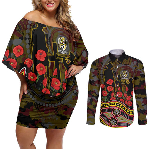 Richmond Tigers ANZAC Day Couples Matching Off Shoulder Short Dress and Long Sleeve Button Shirt Indigenous Dot Art with Poppy Flower Tribute
