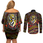 Richmond Tigers ANZAC Day Couples Matching Off Shoulder Short Dress and Long Sleeve Button Shirt Indigenous Dot Art with Poppy Flower Tribute