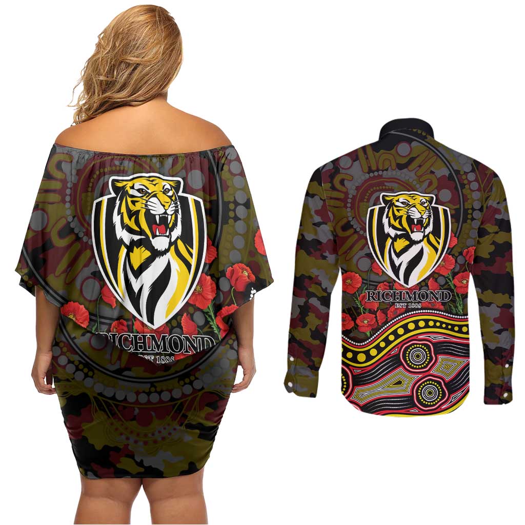 Richmond Tigers ANZAC Day Couples Matching Off Shoulder Short Dress and Long Sleeve Button Shirt Indigenous Dot Art with Poppy Flower Tribute