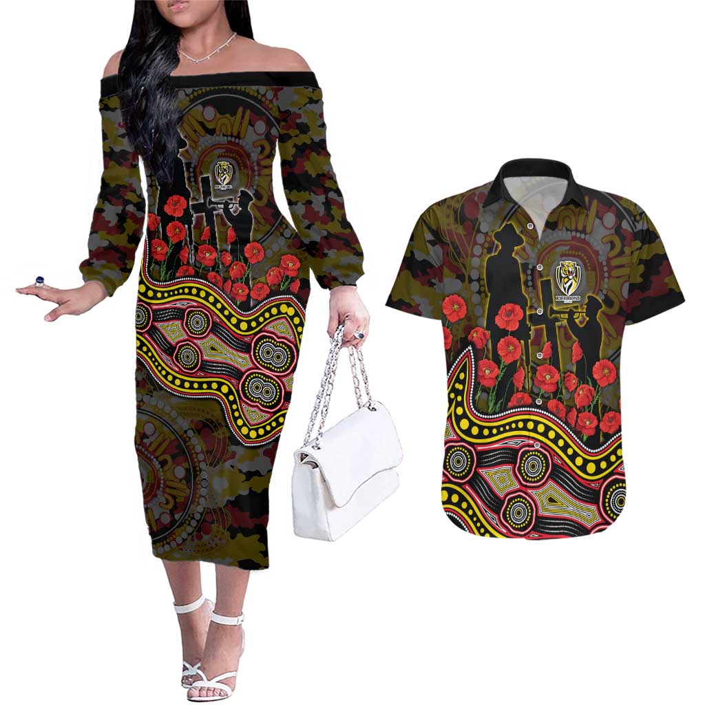 Richmond Tigers ANZAC Day Couples Matching Off The Shoulder Long Sleeve Dress and Hawaiian Shirt Indigenous Dot Art with Poppy Flower Tribute