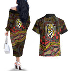 Richmond Tigers ANZAC Day Couples Matching Off The Shoulder Long Sleeve Dress and Hawaiian Shirt Indigenous Dot Art with Poppy Flower Tribute