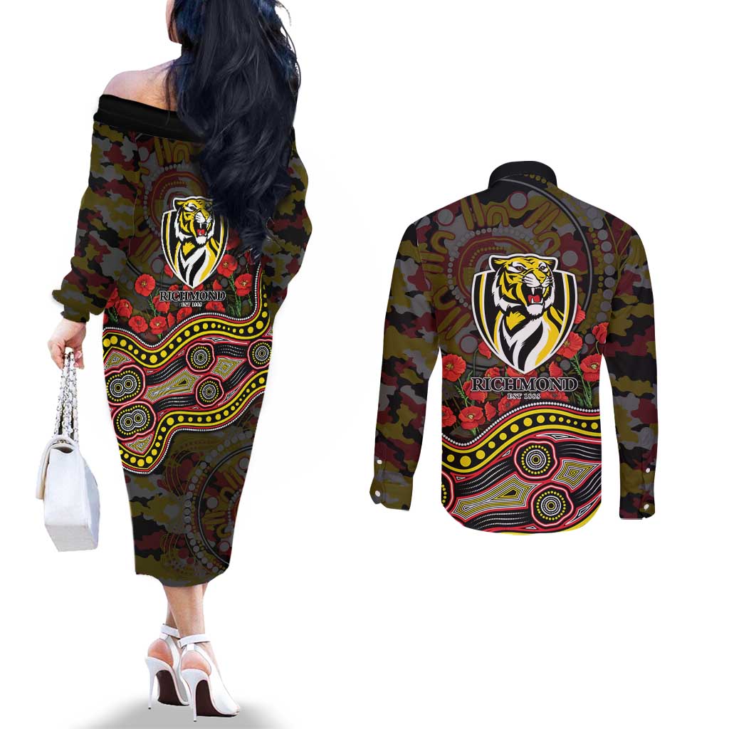 Richmond Tigers ANZAC Day Couples Matching Off The Shoulder Long Sleeve Dress and Long Sleeve Button Shirt Indigenous Dot Art with Poppy Flower Tribute