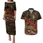 Richmond Tigers ANZAC Day Couples Matching Puletasi and Hawaiian Shirt Indigenous Dot Art with Poppy Flower Tribute
