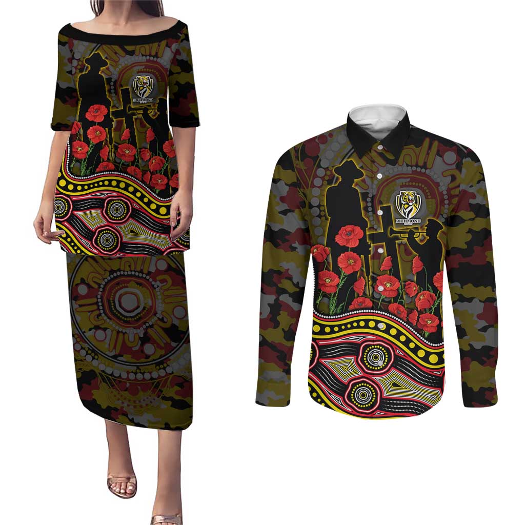 Richmond Tigers ANZAC Day Couples Matching Puletasi and Long Sleeve Button Shirt Indigenous Dot Art with Poppy Flower Tribute