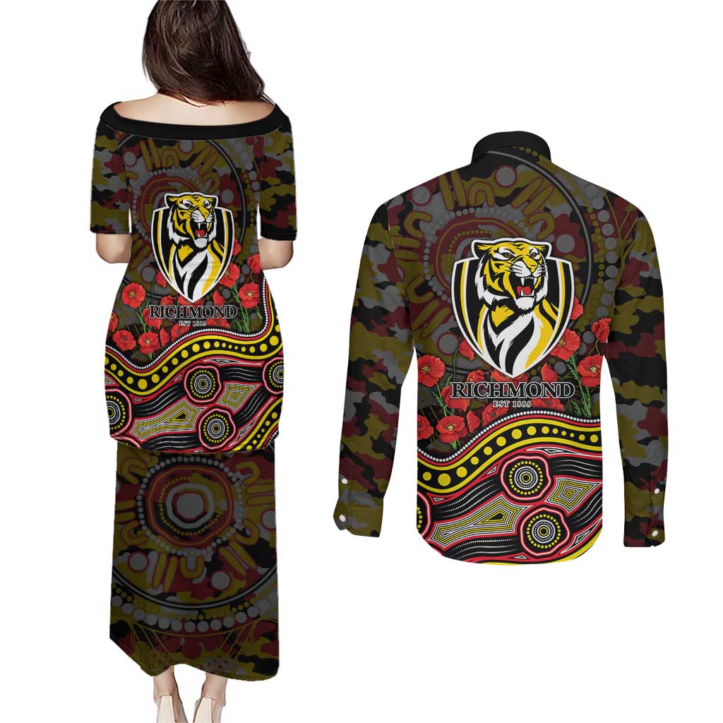 Richmond Tigers ANZAC Day Couples Matching Puletasi and Long Sleeve Button Shirt Indigenous Dot Art with Poppy Flower Tribute