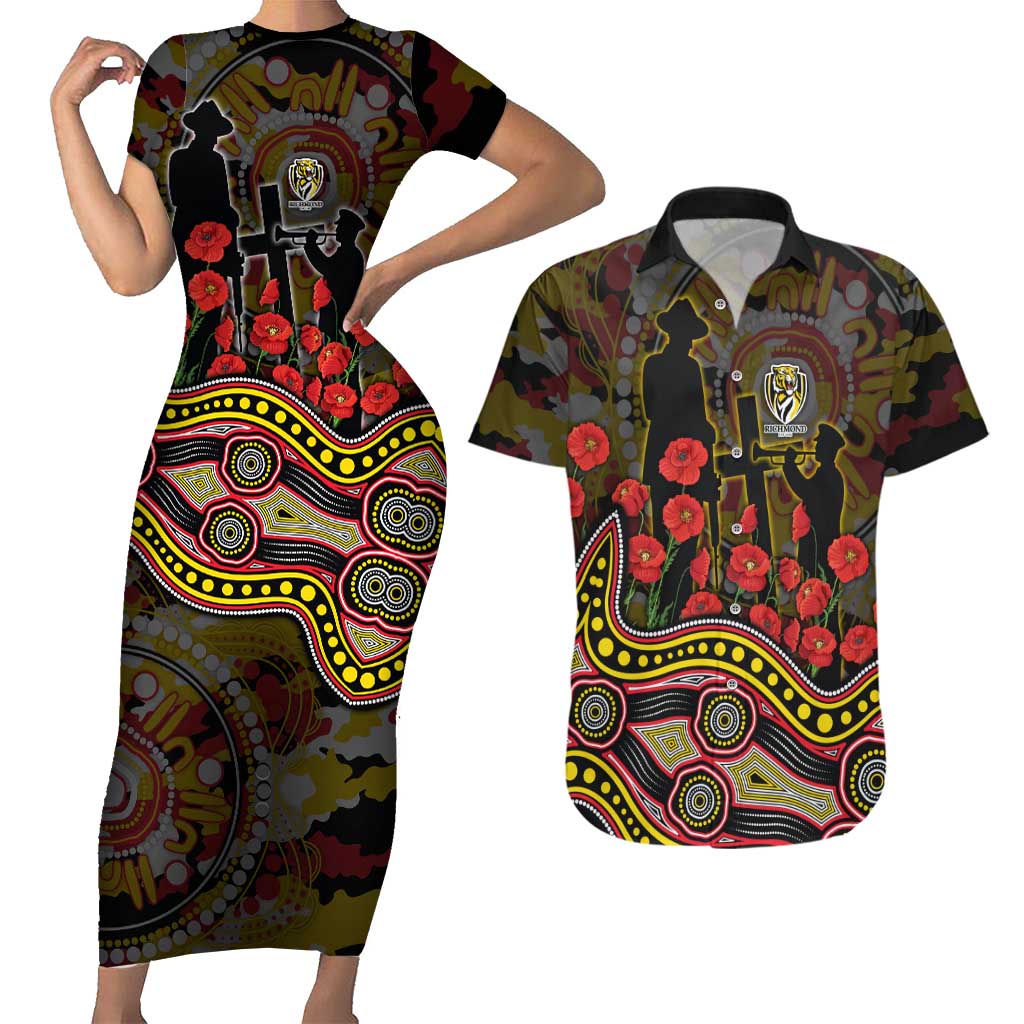 Richmond Tigers ANZAC Day Couples Matching Short Sleeve Bodycon Dress and Hawaiian Shirt Indigenous Dot Art with Poppy Flower Tribute