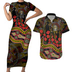 Richmond Tigers ANZAC Day Couples Matching Short Sleeve Bodycon Dress and Hawaiian Shirt Indigenous Dot Art with Poppy Flower Tribute