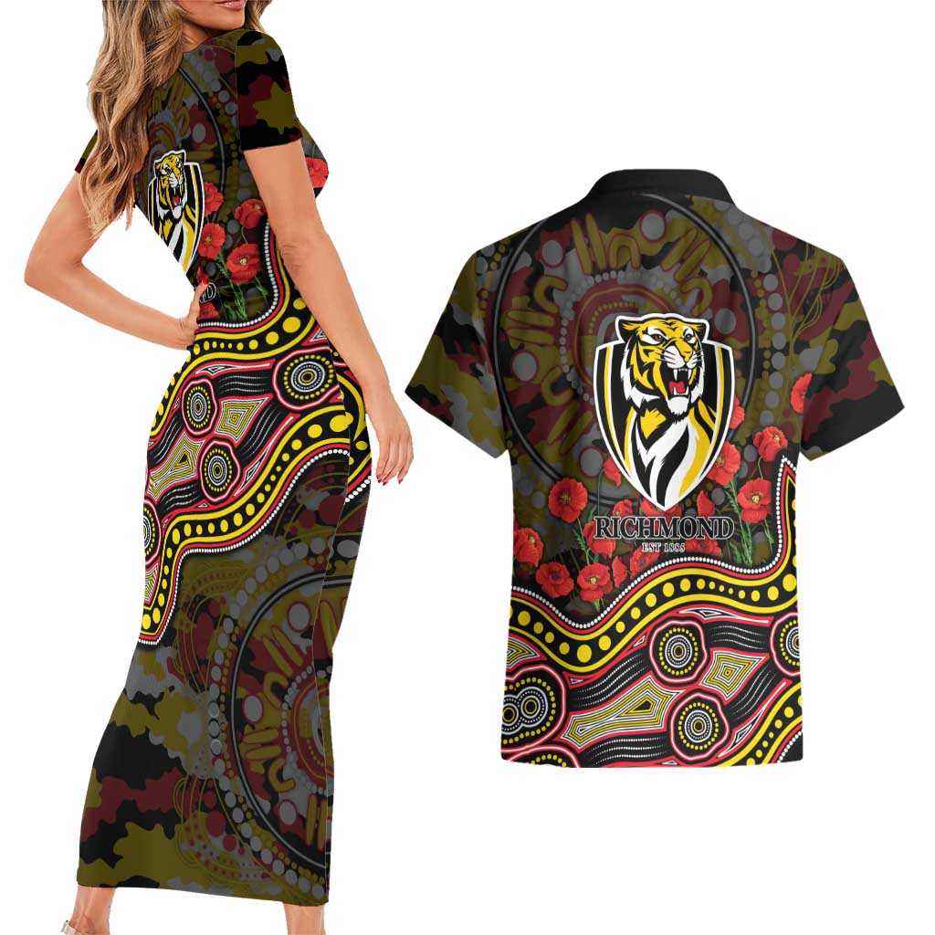 Richmond Tigers ANZAC Day Couples Matching Short Sleeve Bodycon Dress and Hawaiian Shirt Indigenous Dot Art with Poppy Flower Tribute