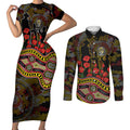 Richmond Tigers ANZAC Day Couples Matching Short Sleeve Bodycon Dress and Long Sleeve Button Shirt Indigenous Dot Art with Poppy Flower Tribute
