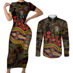 Richmond Tigers ANZAC Day Couples Matching Short Sleeve Bodycon Dress and Long Sleeve Button Shirt Indigenous Dot Art with Poppy Flower Tribute