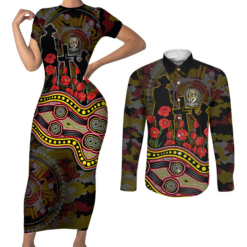 Richmond Tigers ANZAC Day Couples Matching Short Sleeve Bodycon Dress and Long Sleeve Button Shirt Indigenous Dot Art with Poppy Flower Tribute