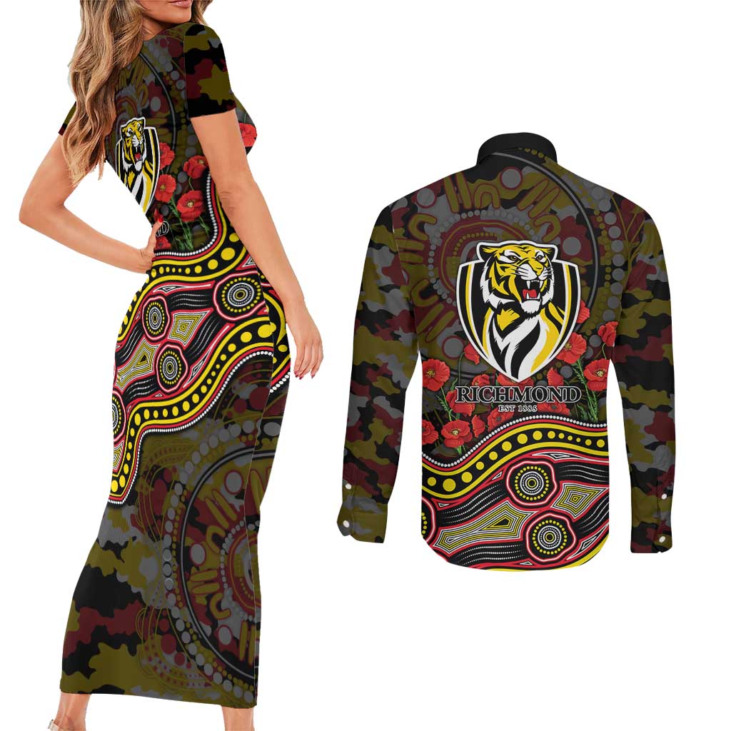 Richmond Tigers ANZAC Day Couples Matching Short Sleeve Bodycon Dress and Long Sleeve Button Shirt Indigenous Dot Art with Poppy Flower Tribute