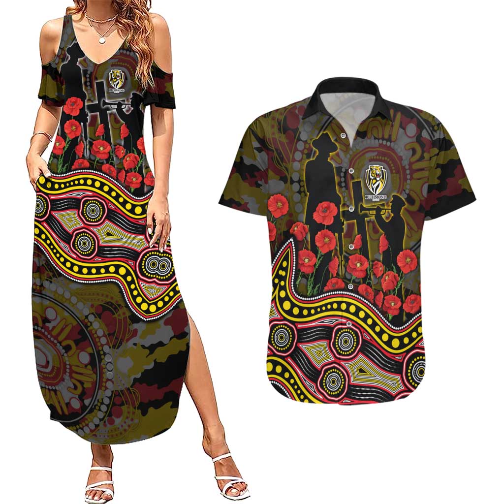 Richmond Tigers ANZAC Day Couples Matching Summer Maxi Dress and Hawaiian Shirt Indigenous Dot Art with Poppy Flower Tribute
