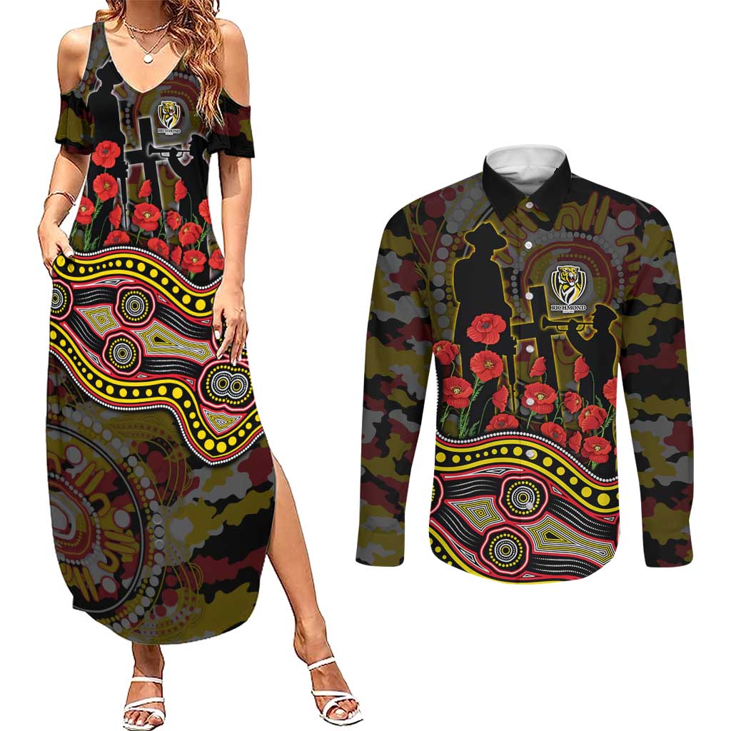 Richmond Tigers ANZAC Day Couples Matching Summer Maxi Dress and Long Sleeve Button Shirt Indigenous Dot Art with Poppy Flower Tribute