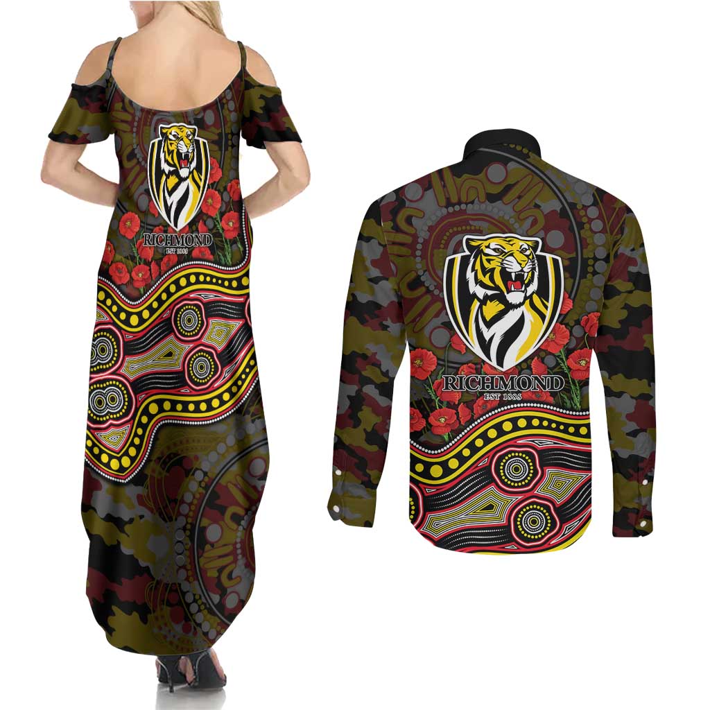 Richmond Tigers ANZAC Day Couples Matching Summer Maxi Dress and Long Sleeve Button Shirt Indigenous Dot Art with Poppy Flower Tribute