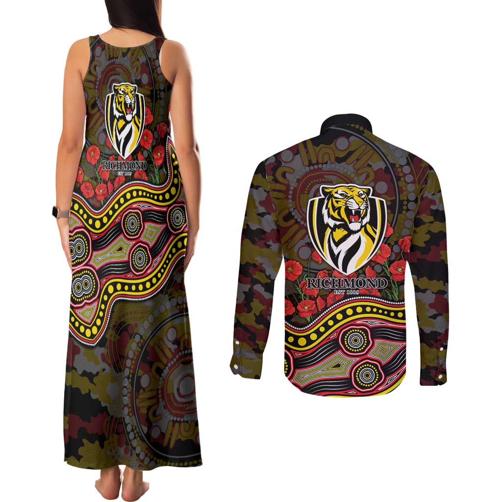 Richmond Tigers ANZAC Day Couples Matching Tank Maxi Dress and Long Sleeve Button Shirt Indigenous Dot Art with Poppy Flower Tribute
