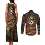 Richmond Tigers ANZAC Day Couples Matching Tank Maxi Dress and Long Sleeve Button Shirt Indigenous Dot Art with Poppy Flower Tribute
