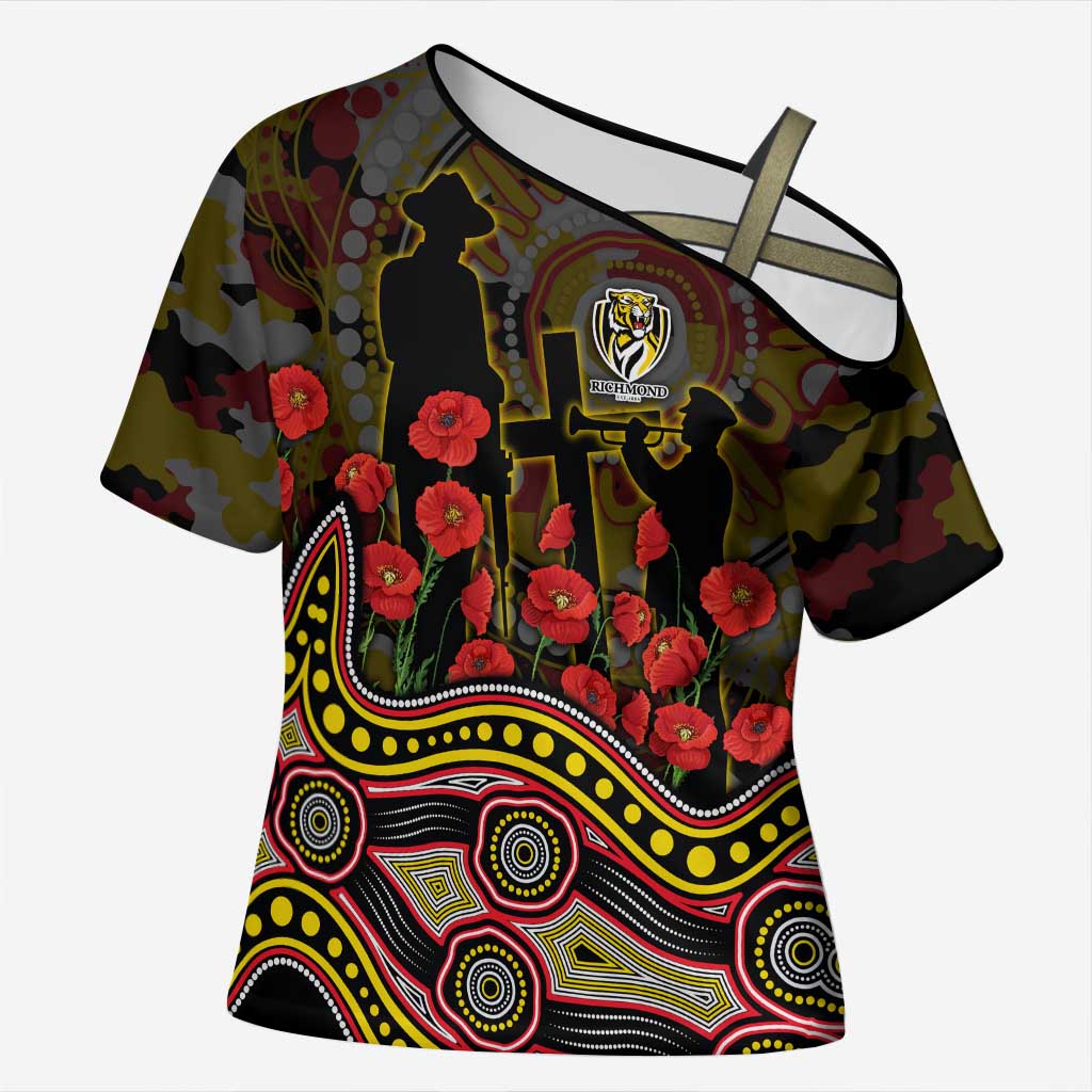 Richmond Tigers ANZAC Day Cross Shoulder Shirt Indigenous Dot Art with Poppy Flower Tribute