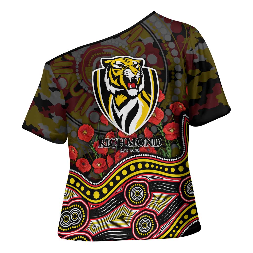 Richmond Tigers ANZAC Day Cross Shoulder Shirt Indigenous Dot Art with Poppy Flower Tribute