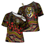 Richmond Tigers ANZAC Day Cross Shoulder Shirt Indigenous Dot Art with Poppy Flower Tribute
