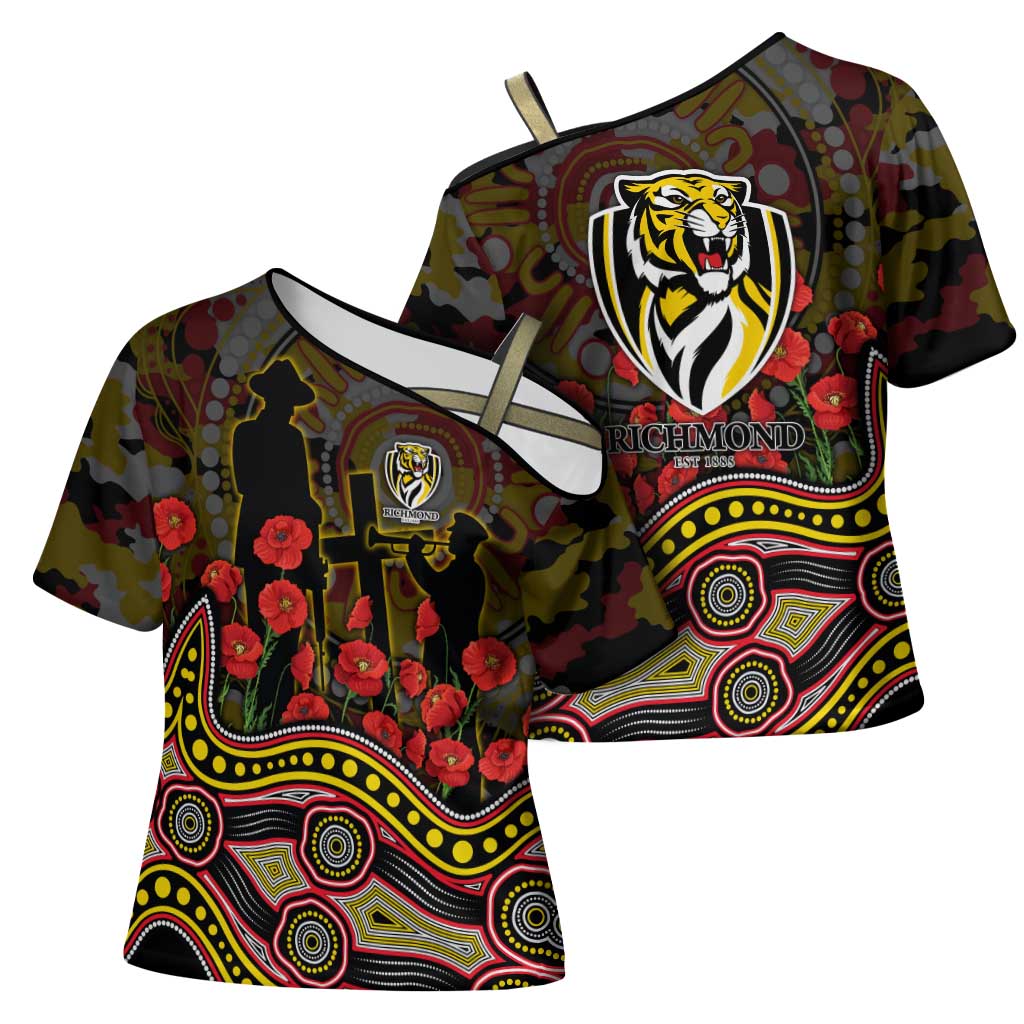 Richmond Tigers ANZAC Day Cross Shoulder Shirt Indigenous Dot Art with Poppy Flower Tribute