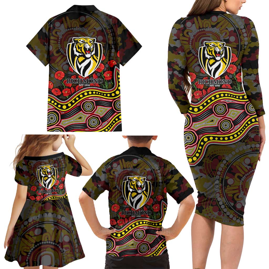 Richmond Tigers ANZAC Day Family Matching Long Sleeve Bodycon Dress and Hawaiian Shirt Indigenous Dot Art with Poppy Flower Tribute